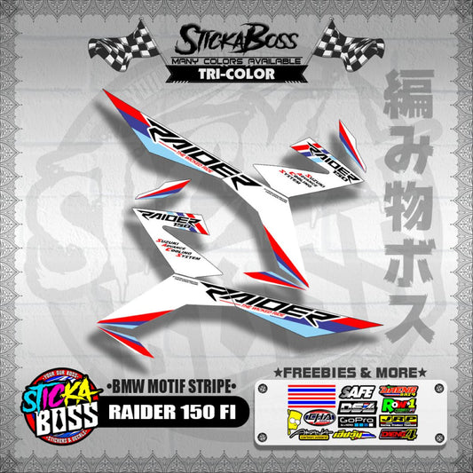 RAIDER 150 FI DECALS ( BMW MOTIF STRIPES )[ PREMIUM GLOSSY LAMINATED ]【WITH FREEBIES】