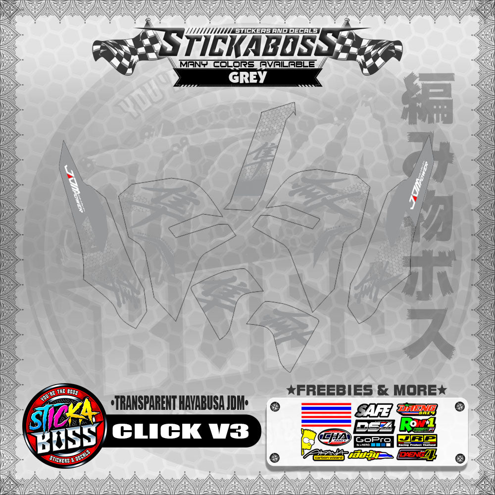 【PREMIUM UV PRINT】TRANSPARENT CLICK V3 DECALS ( TRANSPARENT HAYABUSA JDM )【WITH FREEBIES】